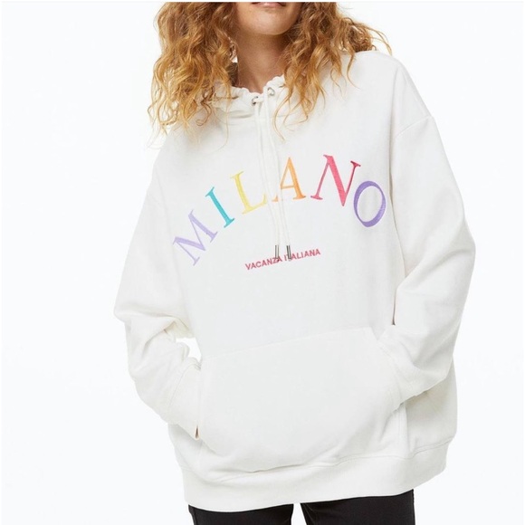 H&M Women’s M White Oversized Milano Embroidered Hoodie Sweatshirt - Picture 2 of 9